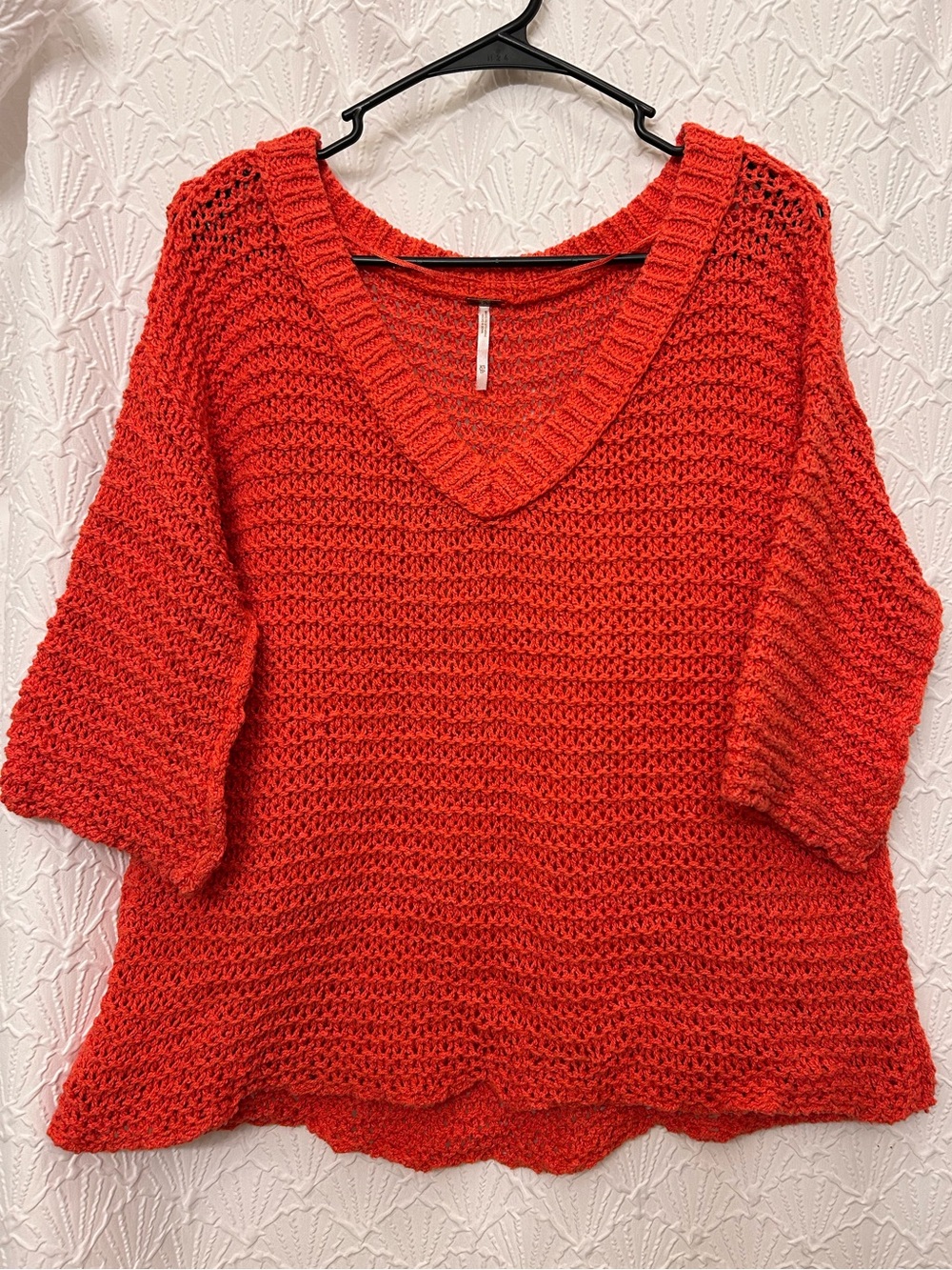 Free People V-Neck Chunky Knit Sweater in Bright Red